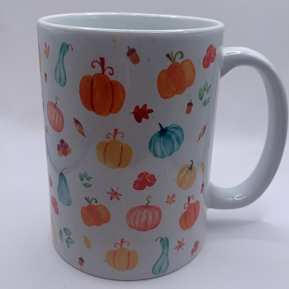 Fall holiday mug. Ceramic large mug with pumpkins and leaves. In box. - Picture 1 of 6